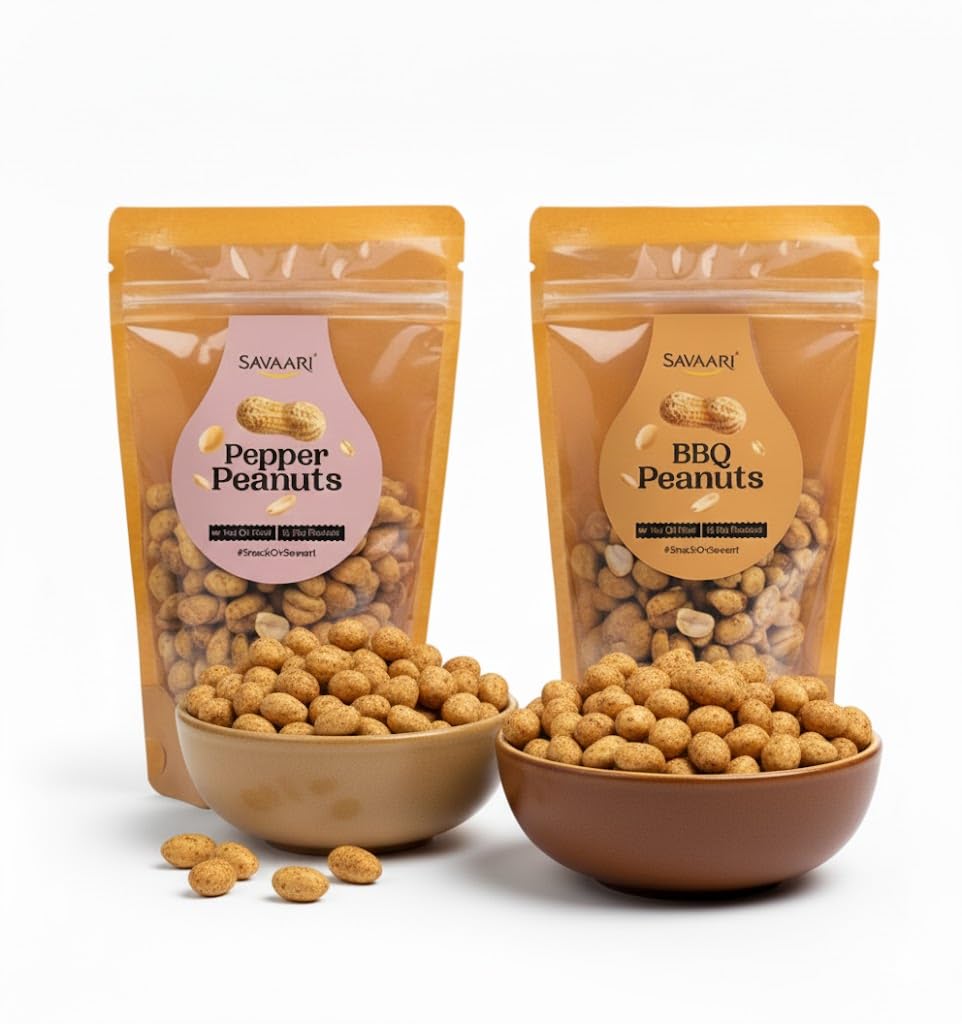 SAVAARI Peanuts Roasted 150g & BBQ 150g Combo | Dry Roasted, Oil-Free Snacks | High Protein, No Trans Fat | Smoky & Bold Flavors | Healthy Plant-Based Protein | Vegan, Gluten-Free Snacks